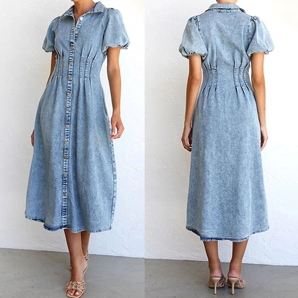 Women Denim Dress Long Puff Sleeve Button-Down Casual Slim Fit Midi - Picture 2 of 6